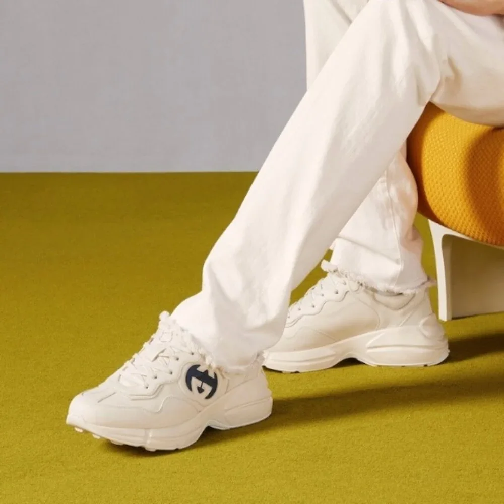 NEW GUCCI Rhyton Interlocking G Ivory Leather Sneakers Men’s G 12.5 / US 13 Auth